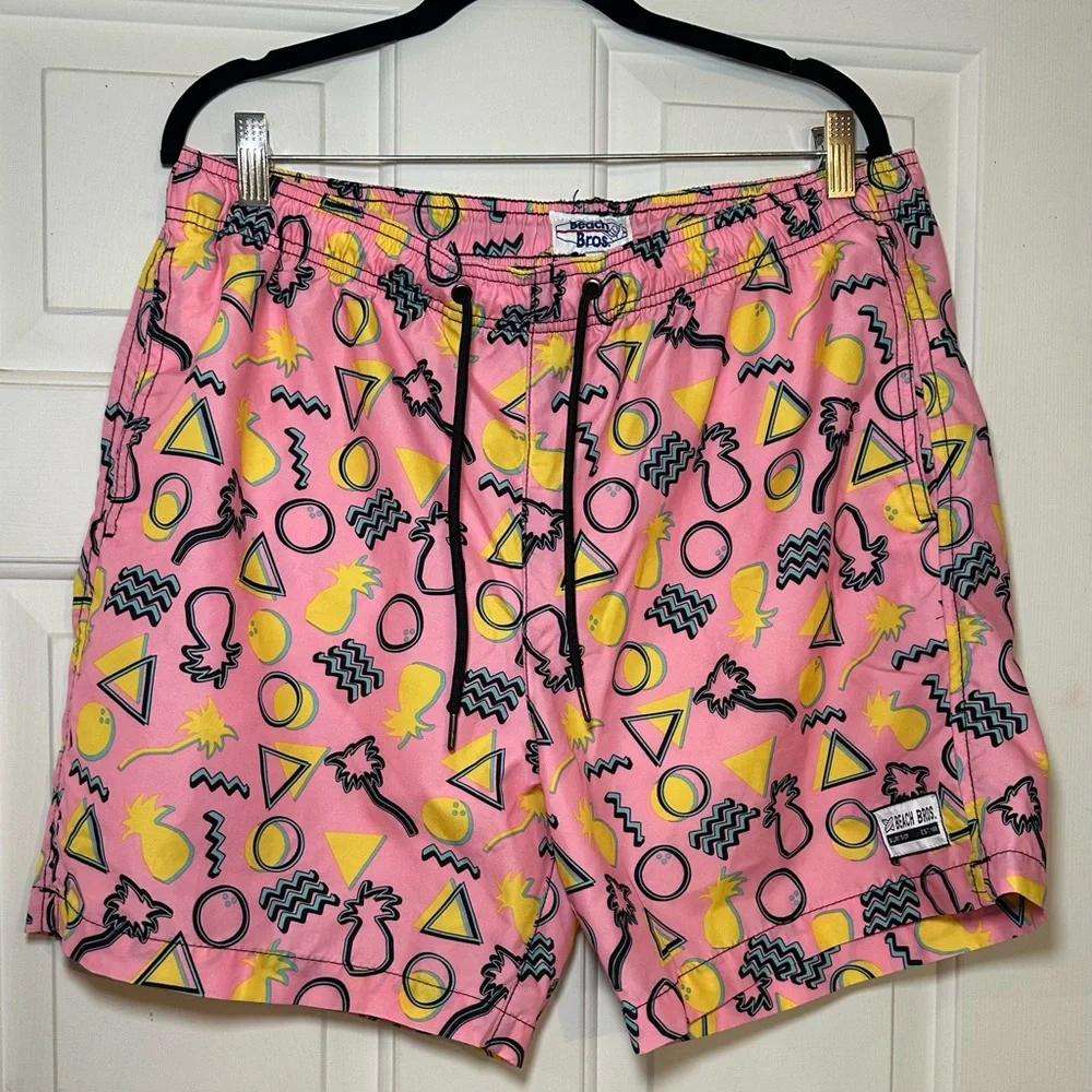 Beach Bros 80’s Swim Trunks Men’s‎ XL Retro Pink Hawaiian .